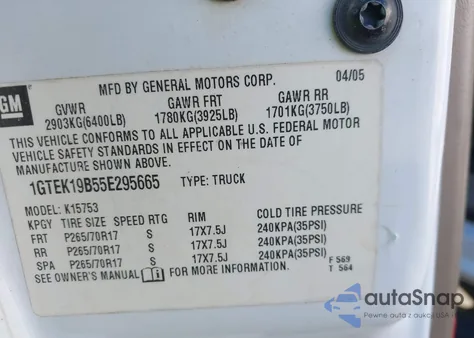 2005 GMC Sierra 1500 Slt z USA, uszkodzony, nr VIN 1GTEK19B55E295665